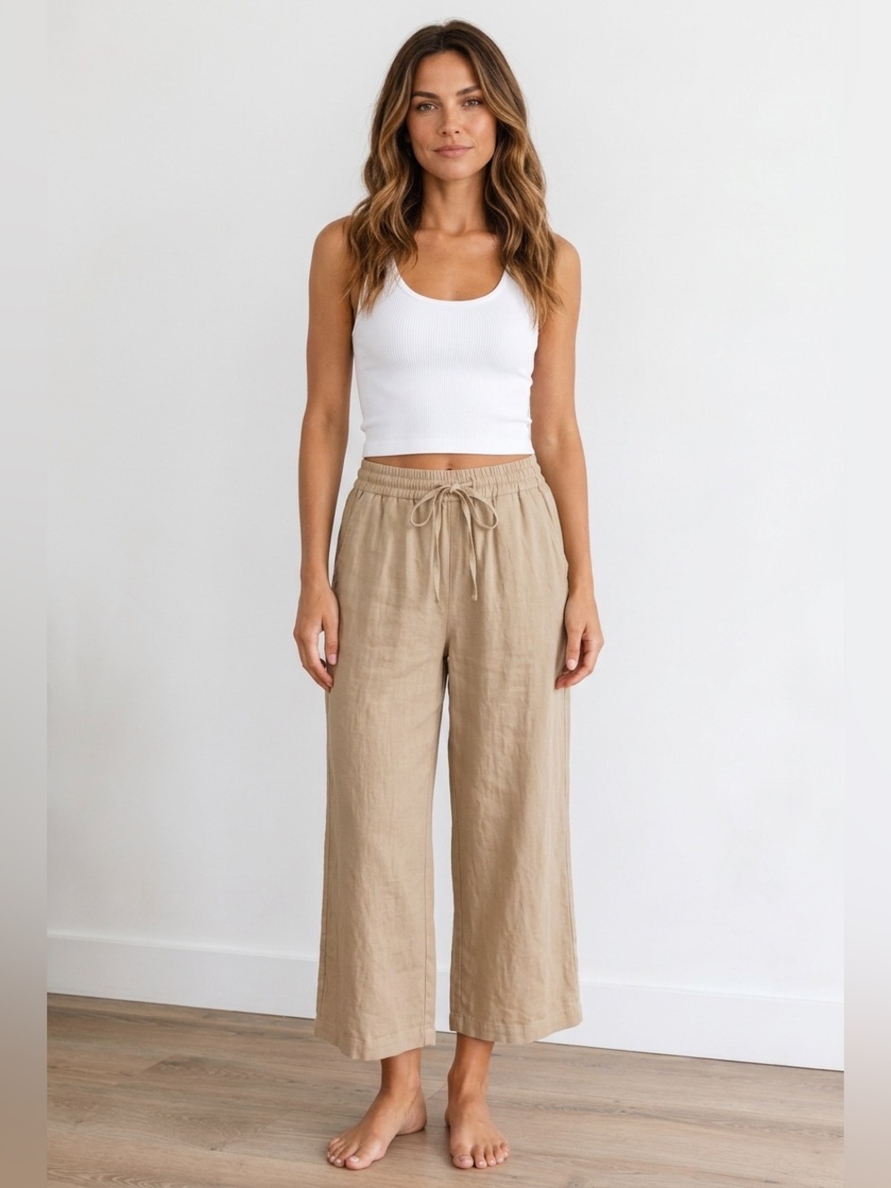 C&C CALIFORNIA Women’s Relaxed Drawstring Linen Pants in Light Beige Size Med